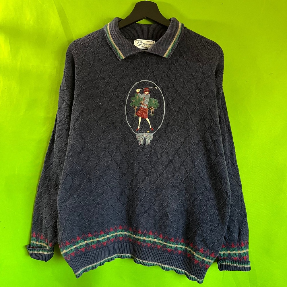 Vintage PB Collection Golf Embroidered Knit Sweater Navy Blue Polo Collar Large